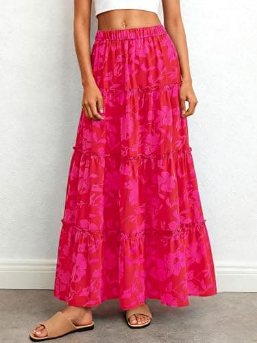 BTFBM Floral Maxi Skirts for Women Summer Spring 2026 Elastic Waist Tiered Flowy Beach Vacation Outfits Boho Long Skirt(Floral Red Pink, Large) - Thumbnail 2