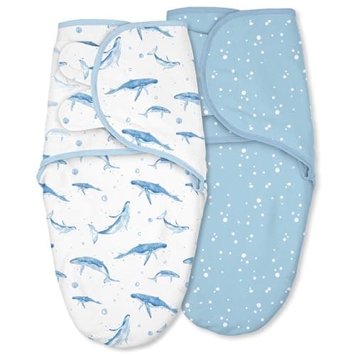 CIVARUA KIDS Baby Swaddles for Newborn Organic Cotton,Soft & Snug Newborn Velcro Swaddle 0-3 Months Sleep Sack Helps Calm Startle Reflex, 2-Pack Wrap Nursery Swaddling Blankets Whale