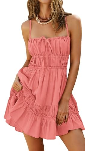 Kate Kasin Womens Sleeveless Backless Mini Dress, Summer Boho Dresses with Pockets, Beach Vacation Flowy Sundress Coral Pink - Image 1