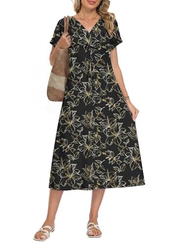 WNEEDU Women Summer Midi Dress Twist Front V Neck Short Sleeve Loose Casual Pockets,Black Gold Leaf,S - Image 1
