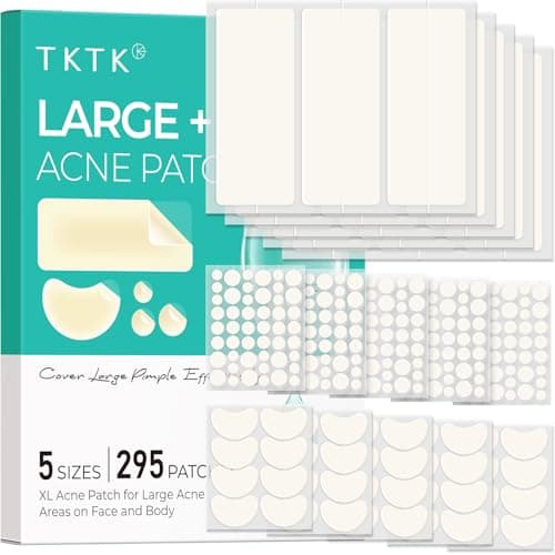TKTK Large Pimple Patches for Face, 68 x 27 mm XL Hydrocolloid Bandages, Big Acne Patches for Body, Forehead, Chin, Nose, Chest and Back Blemish Zit Breakouts (Strip, Contoured, Dot 5 Sizes 295 Count) - Image 1