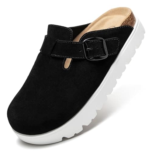 Brelzo Calvior Women's Platform Suede Clogs Slip-On Mules Non-Slip Potato Shoes Sandals with Arch Support Adjustable Buckle Black - Image 1