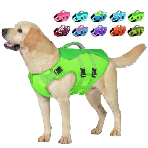 Petglad Dog Life Jacket, High Buoyancy Dog Life Vest with Handle for Swimming Boating, Adjustable Swimming Vest with Reflective Trim for Small Medium Large Dogs - Green, L