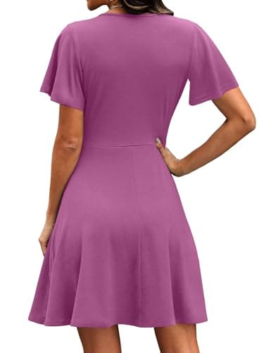 RUMIA Dresses for Women Summer Work Modest Graduation Semi Formal Dress Wrap V Neck Sun Dress Plain Purple S - Thumbnail 5