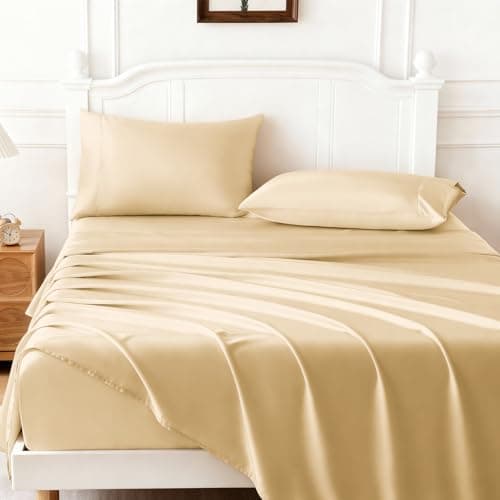 ChicView Full Luxury Satin Sheet Set,4 Pieces Ultra Cooling Silky Feel Breathable Bedsheets, 16 Inch Deep Pockets Bed Sheets,Good for Hair & Skin, Gold - Image 1