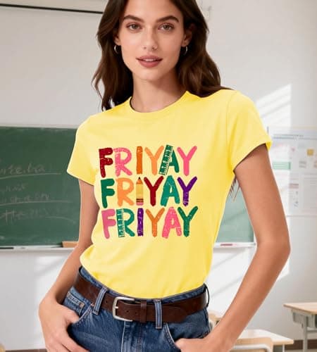 Happy Friyay Teacher Shirt Women-Funny Friday Weekend Short Sleeve Teacher Appreciation Gift Tops C-Yellow - Thumbnail 4