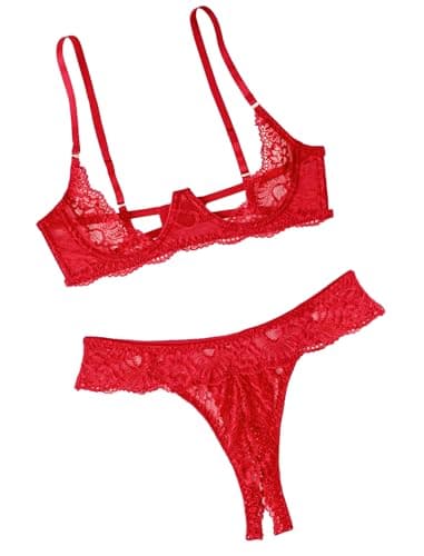 Avidlove Sexy Bra with Panties Mesh Sheer Push Up Lingerie Set Lace Underwire Lingerie Red S - Image 1