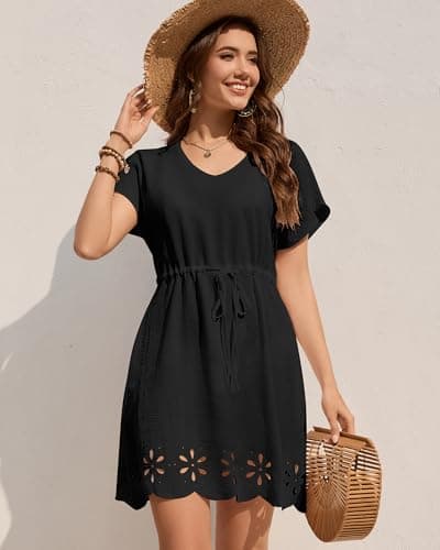 Bsubseach Swimsuit Coverup for Women V Neck Beach Cover Ups with Pockets Drawstring Swim Cover Up Dresses Black L - Thumbnail 3