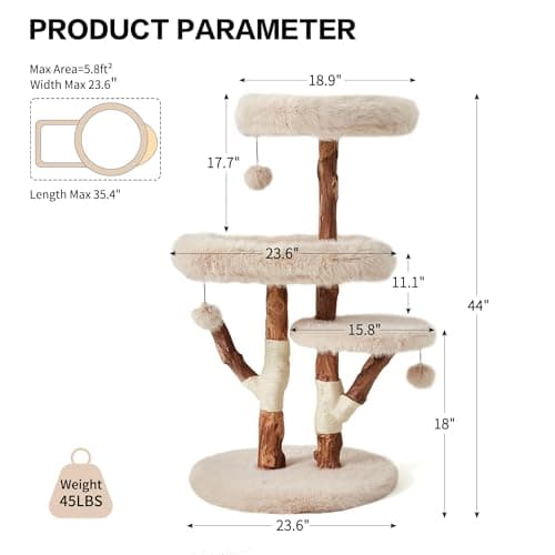 Erinnyees 44" Real Wood Cat Tree for Large Cats, 45LBS Heavy Duty Stable Cat Tower with Natural Branches, Modern Rustic Cat Furniture with 3-Tier Cloud-Soft Plush Platforms & Sisal Scratching Posts - Thumbnail 2