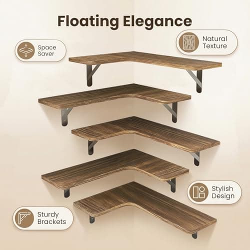 ZOESEEK Corner Floating Shelves, Set of 5 L-Shape Wood Wall Mounted Shelves for Bathroom Kitchen Bedroom Living Room Laundry Room Home Decor, Wood Corner Shelves Rustic Brown - Thumbnail 3