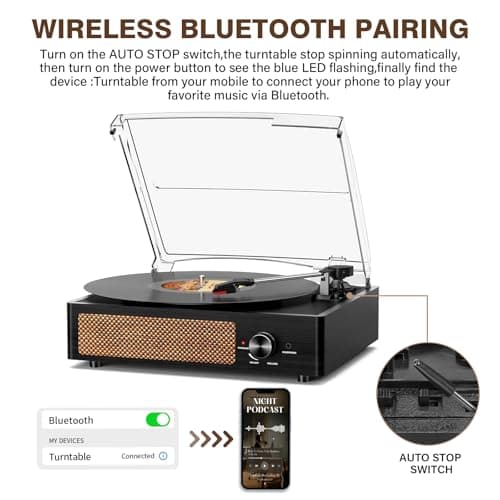 Record Player for Vinyl with 2 Build-in Speakers LP Vinyl Players Belt-Driven Vintage Turntables 3 Speed 3 Size, Wireless Bluetooth Playback, AUX-in, RCA Out, Headphone, Auto Stop Black Wood - Thumbnail 3