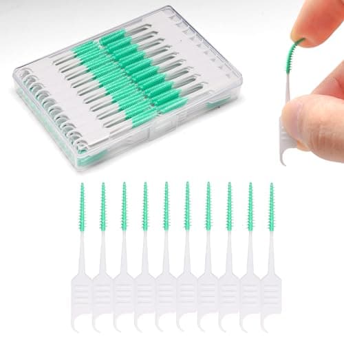 ACSKD 300PCS Dental Floss Picks,Dual-Use Interdental Brushes,Soft Silicone Brush Head Toothpicks, Tooth Picks Flossers for Teeth Braces Cleaning (Green)