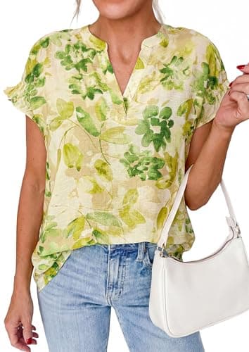 PRETTYGARDEN Womens Floral Print Short Sleeve Summer Tops 2026 Trendy V Neck Loose Boho Shirts Casual Work Blouses (Green,XX-Large) - Image 1