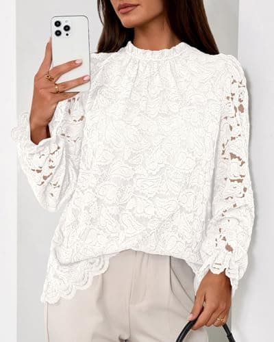 KIRUNDO Blouses for Women Dressy Casual Lace Long Sleeve Tops Mock Neck Ruffle Shirts 2026 Spring Fall Fashion Clothing(White, X-Large) - Thumbnail 3