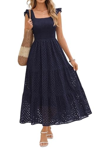 Lazysmile Womens Summer Maxi Dress Square Neck Ruffle Cap Sleeve Hollow Out Eyelet Smocked Tiered A Line Boho Sundress Navy - Image 1