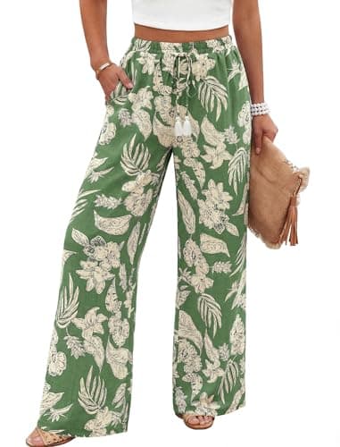LOOKBOHO Pants for Women Hawaiian Casual Elastic Waist Wide Leg Pants with Pockets Green Floral XXL - Image 1