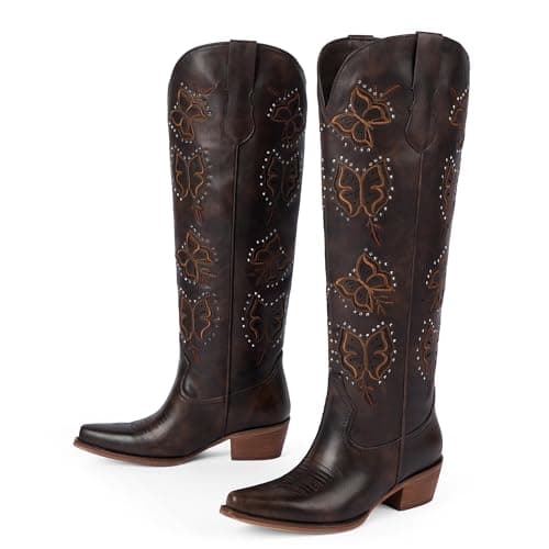 Easyfox Cowgirl Boots for Women Butterfly Embroidered Chocolate Cowboy Boots Chunky Heel Dark Brown Rhinestone Knee High Western Boot Pointed Toe Slip on Block Heel Cow Girl Boot 6.5 - Thumbnail 5
