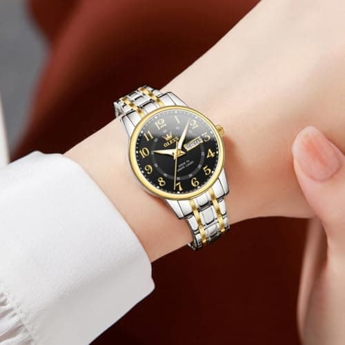 OLEVS Watch Women Luxury Stainless Steel Waterproof Small Wrist Black Face Simple Analog Quartz Watches for Women Easy to Read Gold and Silver Two Tone Arabic Numerals Ladies Watches - Thumbnail 3