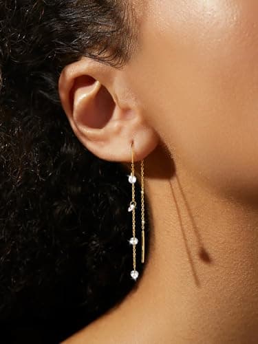 Moodear Dangle Earrings for Women - Trendy 14K Gold Plated Long Chain Earring Non Tarnish Hypoallergenic CZ Drop Earring Dainty Jewelry - Thumbnail 2