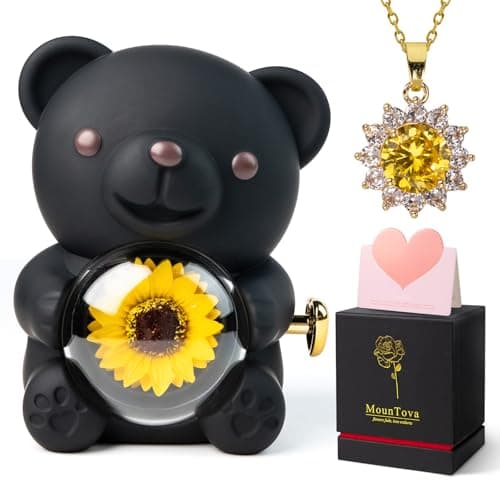 mountova Gifts for Women Birthday Mothers Day, Lucky Sunflower Bear with Necklace & Gift Box for Mom Daughter Sister, Anniversary Wedding Gift for Wife Girlfriend, Surprise Jewelry Box, Black - Thumbnail 2