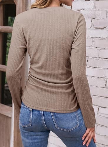 Dokotoo Going Out Tops for Women Chocolate Brown Spring Clothes Fashion Spring Outfits Solid V Neck Long Sleeve Tshirts Shirts for Women Business Casual Loose Side Ruched Slim Fitted Blouses XXL - Thumbnail 4