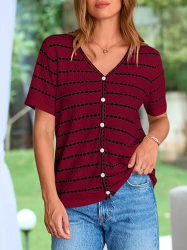 NALANISA Short Sleeve Sweaters for Women Trendy 2026 Spring Summer Tops V Neck Striped Button Up Causal Dressy Blouses (Dark Red,XL) - Thumbnail 3