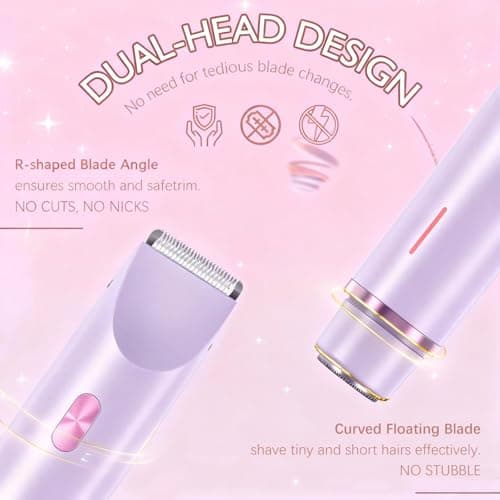 Bikini Trimmer for Women, 2 in 1 Dual-Head Electric Shaver for Women Pubic Hair, Waterproof Wet/Dry Use Body Hair Trimmer and Face Razors, Rechargeable Hair Removal for Bikini Legs Face Underarm Arm - Thumbnail 2