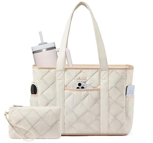 LOVEVOOK Puffer Tote Bag for Women with Cup Holder,Large 15.6in Laptop Work Tote Bag with Zip for Daily,Travel, light Quilted Nurse Teacher Shoulder Bag,2pcs - Image 1