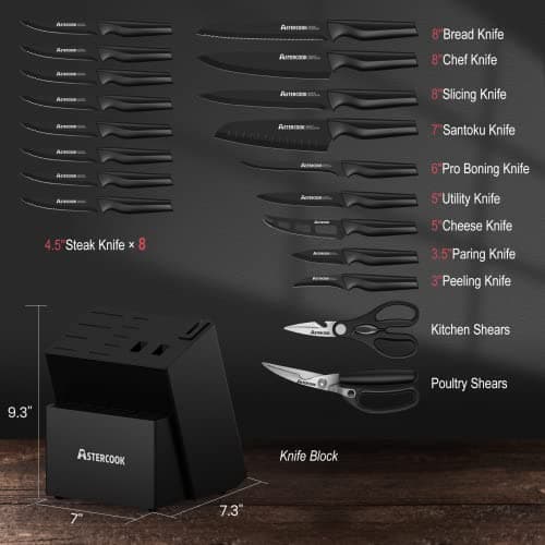 Knife Set, Astercook 21 Pieces Knife Sets for Kitchen with Block, Dishwasher Safe Kitchen Knife Set with Built-in Sharpener, German Stainless Steel Black Knife Block Set - Thumbnail 2