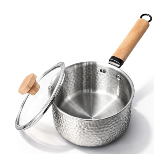 Boryenty Tri-Ply Stainless Steel Saucepan with Lid, 1.8 Quart - Heavy-Gauge Hammered Exterior, Smooth Interior Milk Pot. Induction Ready Cookware for Ramen, Sauces, Noodles. Stay-Cool Wood Handle