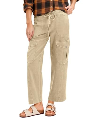 Cicy Bell Womens Cotton Cargo Pants Low Rise Drawstring Waist Wide Leg Casual Hiking Pants with Multiple Pockets Khaki