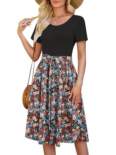 Heymoments Ladies Dresses Bold Retro Floral Large Wedding Guest Crewneck Short Sleeves A line Casual Flowy Swing Cocktail Slimming Birthday Party Summer Travel Long Midi Dresses with Pocket - Image 1