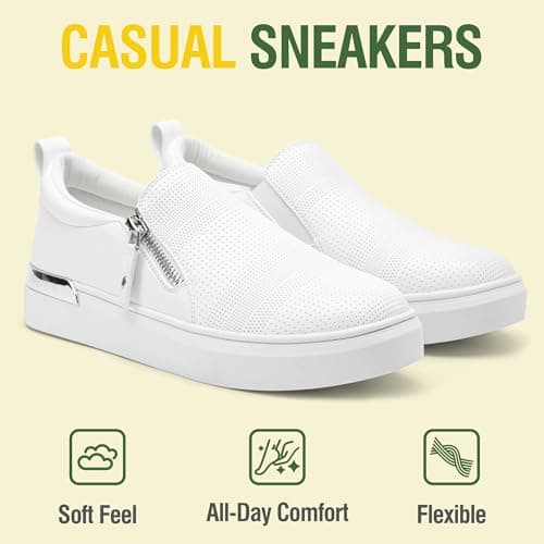 Jeossy Women's White Slip On Shoes Casual Fashion Sneakers 8010 Arch Support Loafers for Women with Zipper 10 (DJY8010 whiteperf 10) - Thumbnail 3