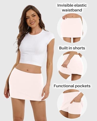 DLOODA Mini Skort for Women with Pockets, Tennis Skirt with Short Golf Athletic Skorts for Workout Pickleball Running Pink - Thumbnail 4