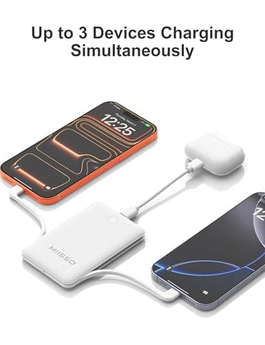 miisso 10000mAh Compatible with iPhone 15/16/17 and Android, Slim Portable Charger with Built in Cable, Power Bank Travel Charger External Battery Pack for Phone, 3 Output USB Type C Cord, White - Thumbnail 3
