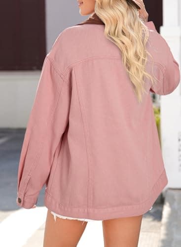 Dokotoo Plus Size Jean Jacket Women Trendy 2025 Outfits Color Block Denim Jacket With Contrasting Corduroy Collar Oversized Long Sleeve Button Down Barn Jackets Shacket Coat With Pockets PinkM - Thumbnail 4