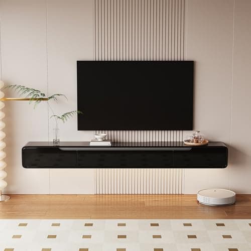 FurniNova High Gloss Floating TV Stand with 3 Doors,55'' Wall Mounted TV Cabinet,Under TV Console,Floating Media Shelft for Bedroom Living Room(Black) - Thumbnail 2