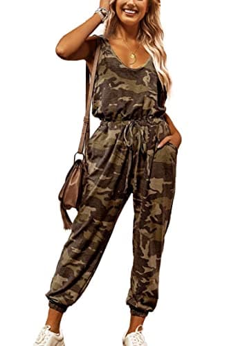 KIRUNDO Women 2026 Summer Jumpsuits Casual Sleeveless Drawstring Elastic Waist Romper Vacation Cruise Airport Travel Outfits(Camouflage-Yellow Green, X-Large) - Image 1