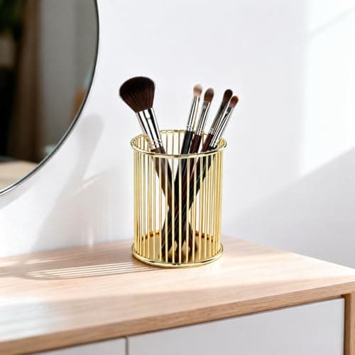 HBPHBP Makeup Brush Holder Organizer,Gold Metal Makeup Organizers Countertop,Cosmetic Brushes Container for Vanity,Desktop,Bathroom(Gold) - Image 1