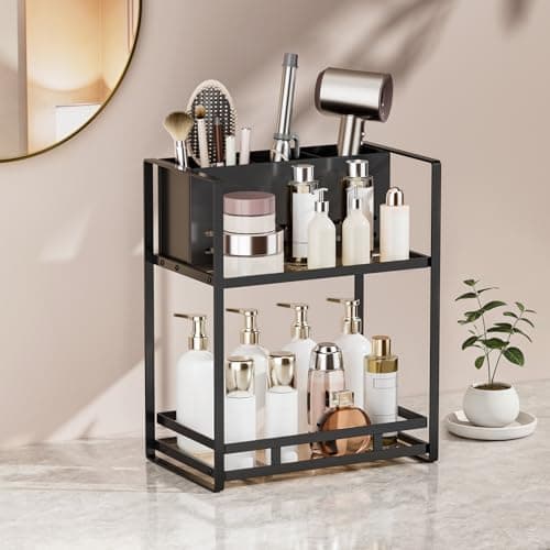 SanDream Hair Tool Organizer Bathroom Countertop, 2-Tier Metal Bathroom Organizer with Blow Dryer Holder, Large Capacity Space-Saving Vanity Shelf for Perfume, Skincare & Makeup Storage (Black) - Image 1