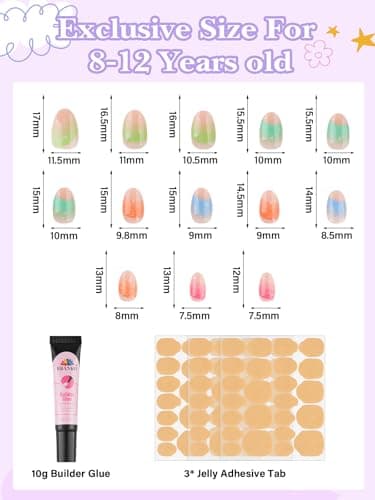 78 Pieces Press on Nails for Kids, EBANKU 3 Pack Kid Fake Nail Kit Old Colorful Flower Press on Nails for Girls 8-12 Years with Jelly Nail Adhesives & Nail Builder Glue - Thumbnail 3