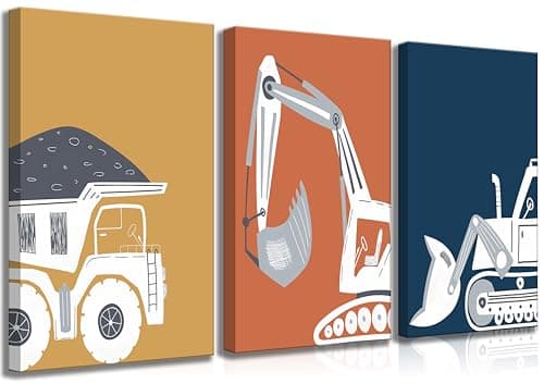 3 Pcs Construction Truck Nursery Canvas Wall Art Excavator Dump Truck Tractor Painting Picture Wall Decor Poster Print Artwork Kids Room Boys Room Baby Room Home Decoration - Image 1