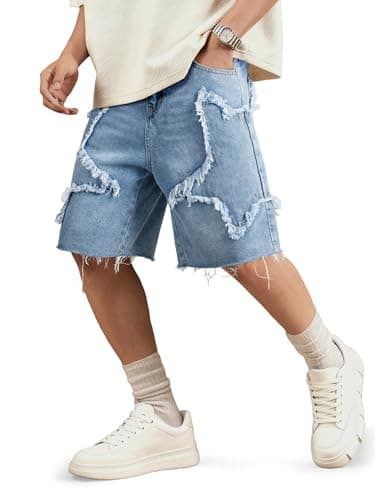 JMIERR Men's Jorts Baggy Loose Fit Comfy Wide Leg Vintage Y2K Hip Hop Streetwear Summer Knee-Length Star Jean Shorts Beau Blue, X-Large - Image 1