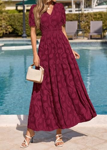 KIRUNDO Womens Boho Maxi Dress Summer Short Sleeve V Neck Floral Flowy A Line Formal Wedding Guest Baby Shower Long Dresses(Burgundy, Medium) - Thumbnail 2