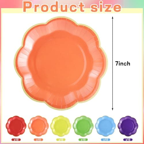 NatNarr 60 Pcs Colorful Paper Plates, 7 In Disposable Dessert Plates with Gold Edge, Scalloped Rainbow Party Plate for Wedding Birthday Baby Shower Bridal Party Supplies - Thumbnail 2