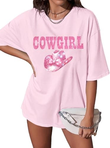 KIMSOONG Cowgirl Shirts for Women Western Oversized Tshirts Glitter Hat Boots Print Shirt Country Music Short Sleeve Tee - Image 1