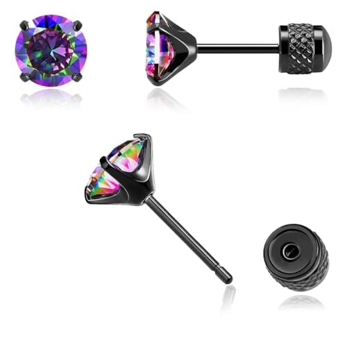Hypoallergenic Threadless Flat Back Earrings,1 Pairs Cartilage Stud for Women Men Titanium Post 20G None Screw Easy Push in Gold Black Stainless Steel Flatback with CZ 3-7mm (Black+Rainbow CZ, 3mm)