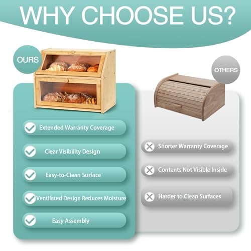 Wcatea Bread Box for Kitchen Countertop, Large Double Layer Bamboo Bread Storage Box with Clear Door, Includes 20 Bread Bags & Labels, Farmhouse Kitchen Storage Organizer (Natural Bamboo) - Thumbnail 3