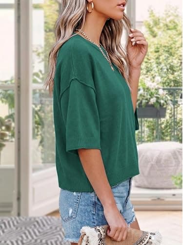 LaGracia Womens Short Sleeve Sweaters Loose Fit Oversized Cropped Sweaters Knit Crop Summer Tops Crew Neck Casual Knitted Top 2026 Aquamarine L - Thumbnail 4
