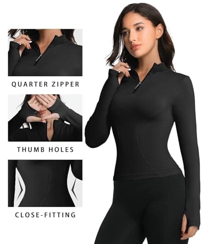 YOAKUKA Women's Long Sleeve Workout Tops Quarter Zip Pullover Workout Shirt Quick Dry Athletic Tops with Thumb Holes Black - Thumbnail 5